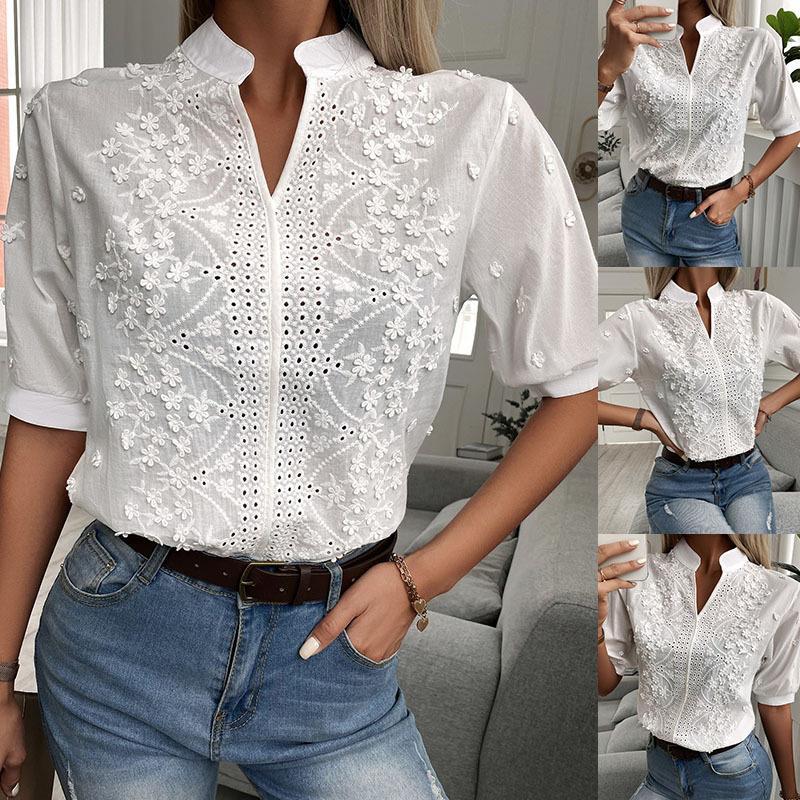 Isabella | Damen-Spitzenbluse mit hohem Ausschnitt und V-Ausschnitt