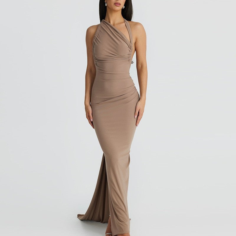 Daniela - Langes drapiertes Kleid mit Neckholderausschnitt