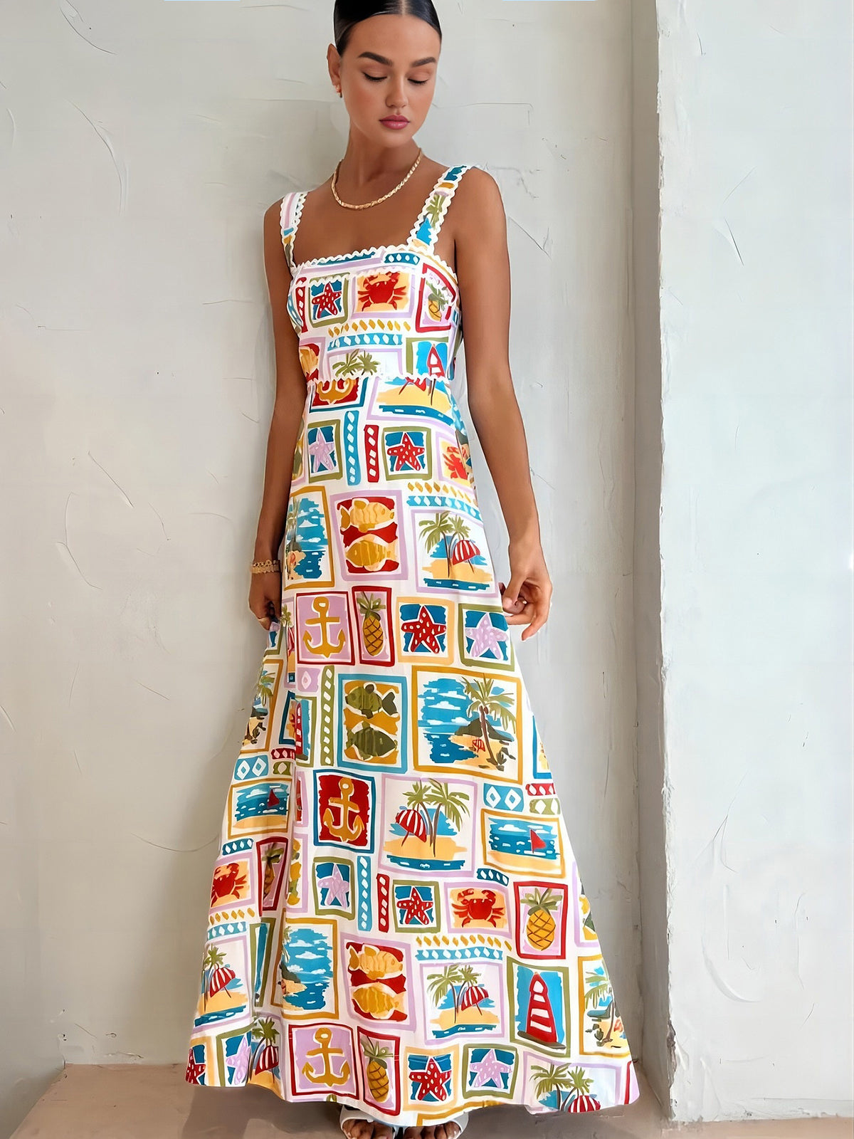 Gabriela - Langes bedrucktes Kleid mit Trägern