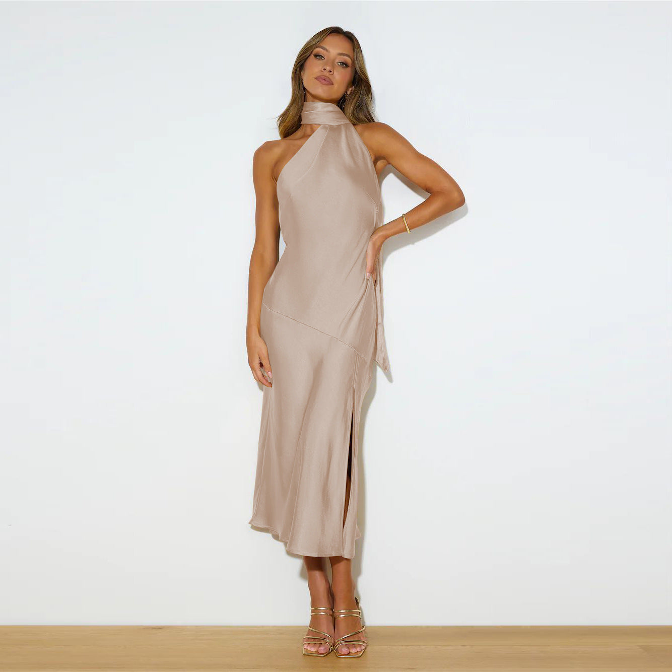 Stuttgart | Frauen Satin Drapierung Split Hollow Dünn Elegantes Kleid