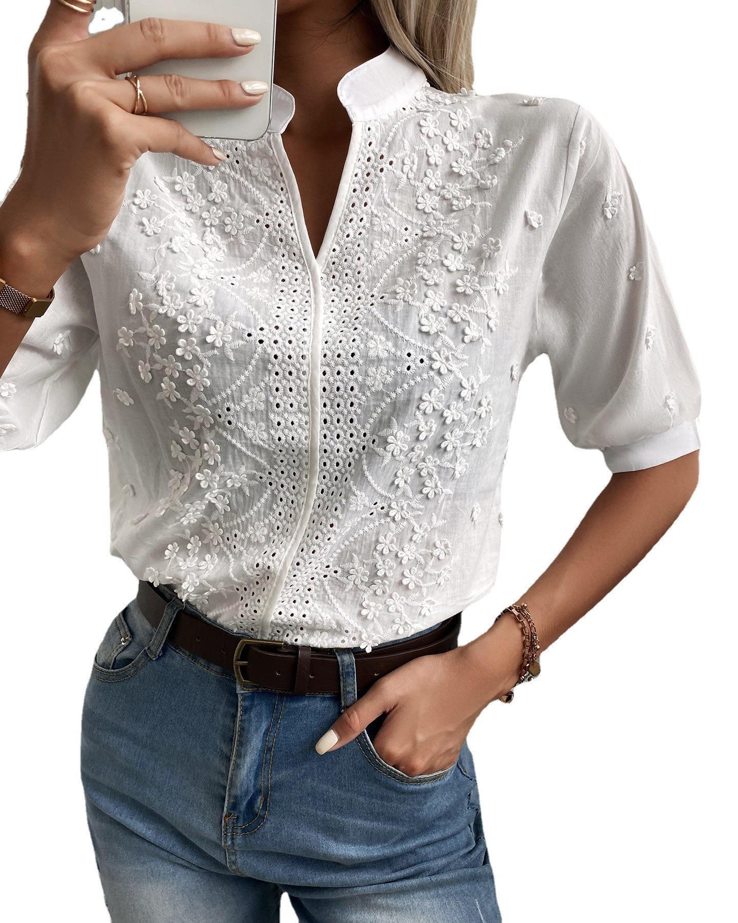 Isabella | Damen-Spitzenbluse mit hohem Ausschnitt und V-Ausschnitt