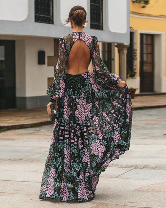 Florencia - Langes geblümtes Kleid mit offenem Rücken