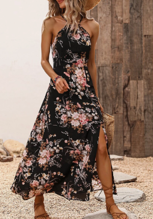 Isabela - Langes geblümtes Kleid mit Neckholder