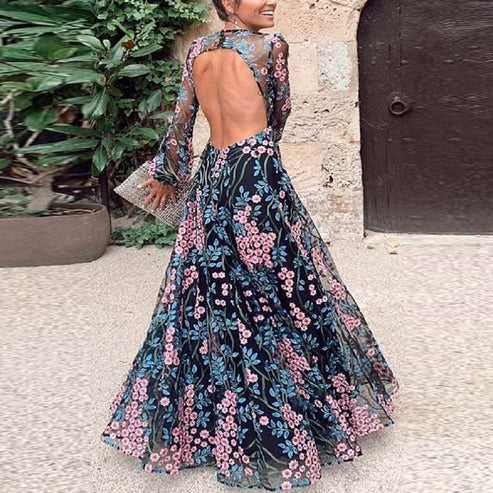 Florencia - Langes geblümtes Kleid mit offenem Rücken
