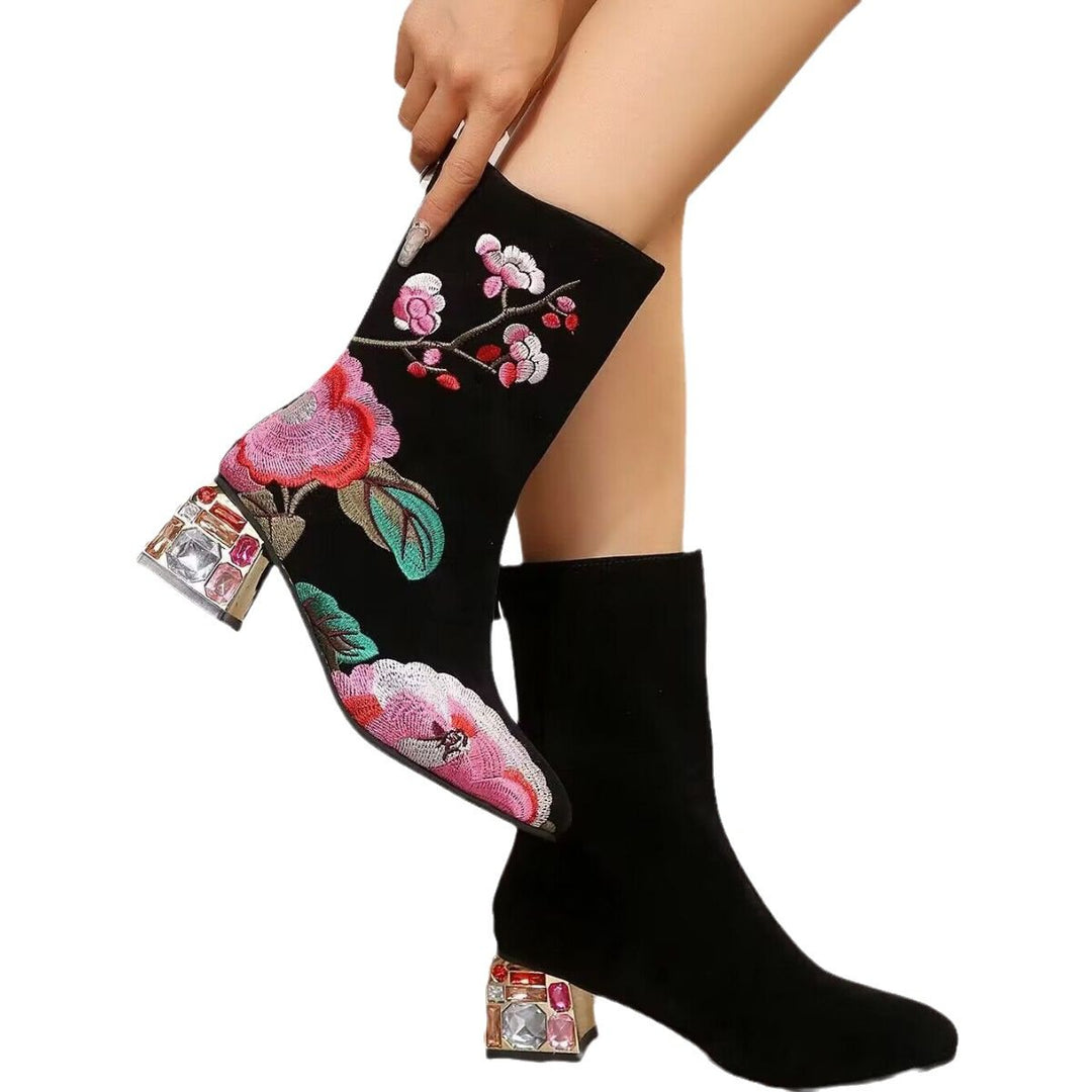 Elena | Vintage Blumen-Stickerei Winterstiefel für Frauen – Midi-Länge