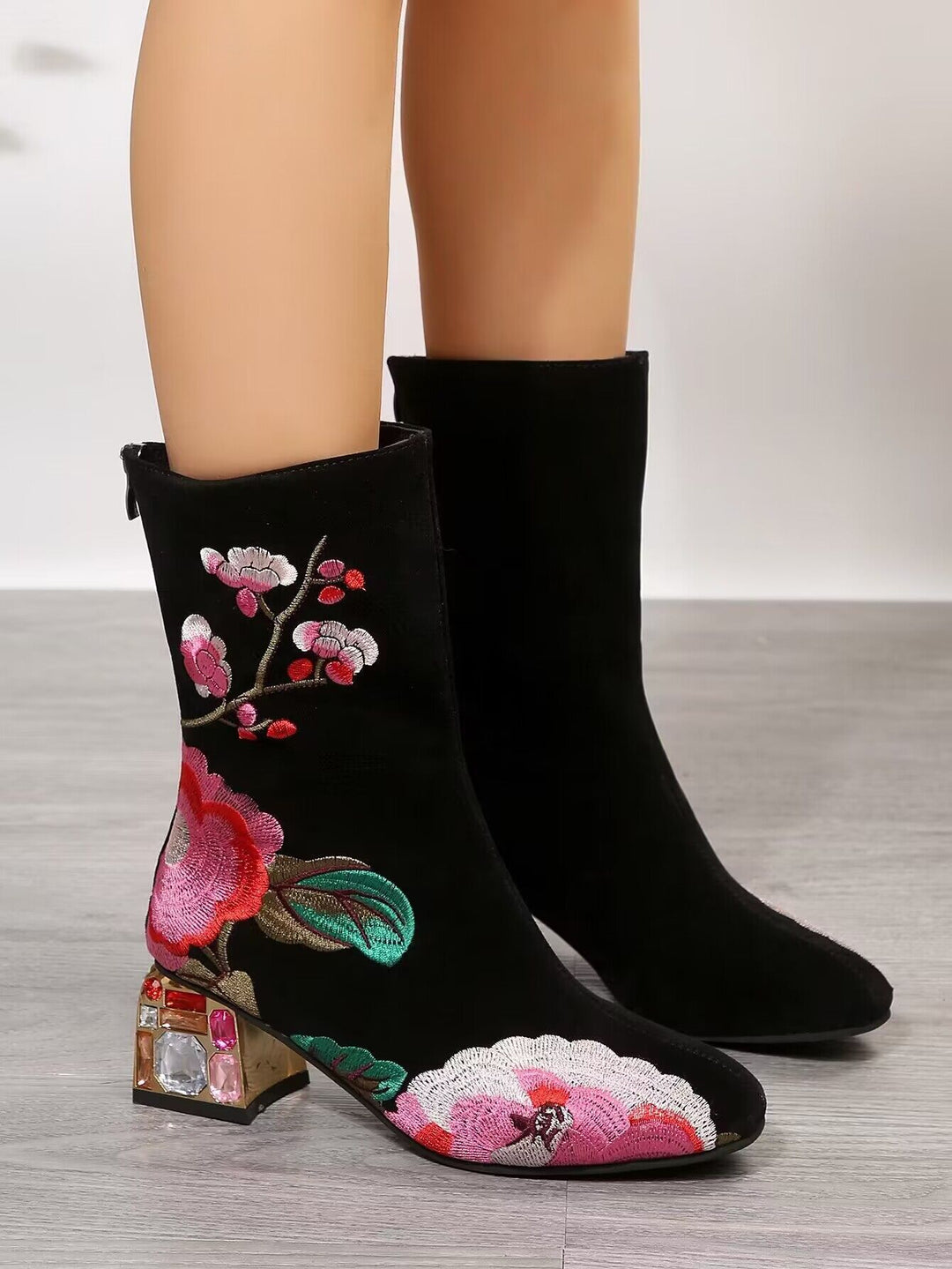 Elena | Vintage Blumen-Stickerei Winterstiefel für Frauen – Midi-Länge