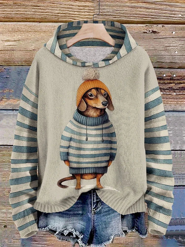 Stuttgart | Sleek Damen-Kapuzenpullover mit Dackel-Hund-in-Kleider-Print