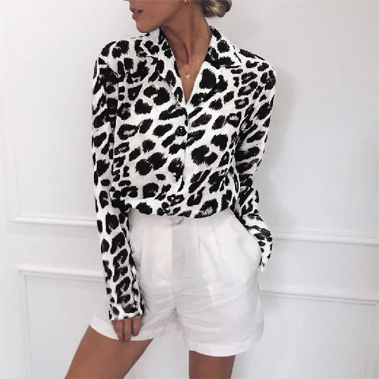 Stuttgart | Classy Langarm Leopard Print Bluse Turn Down Kragen