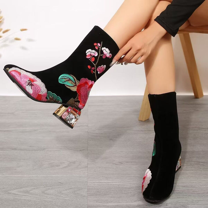 Elena | Vintage Blumen-Stickerei Winterstiefel für Frauen – Midi-Länge