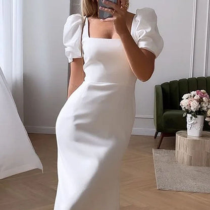 Carlota | Unifarbenes Sommerkleid im Vintage-Stil, tailliert geschnitten mit hoher Taille und Puffärmeln