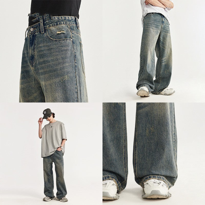 Evandyr | Weit geschnittene Baggy-Jeans mit ausgefranstem Effekt und Retro-Schnurrbärten