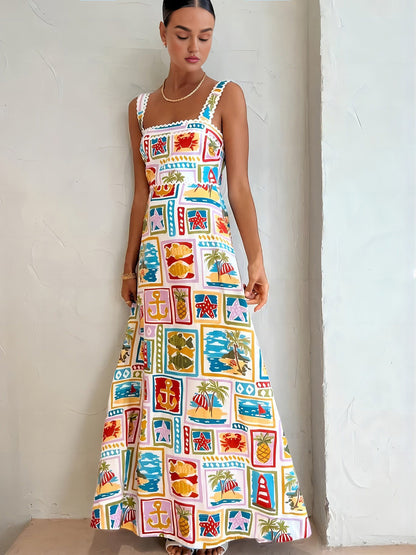 Gabriela - Langes bedrucktes Kleid mit Trägern