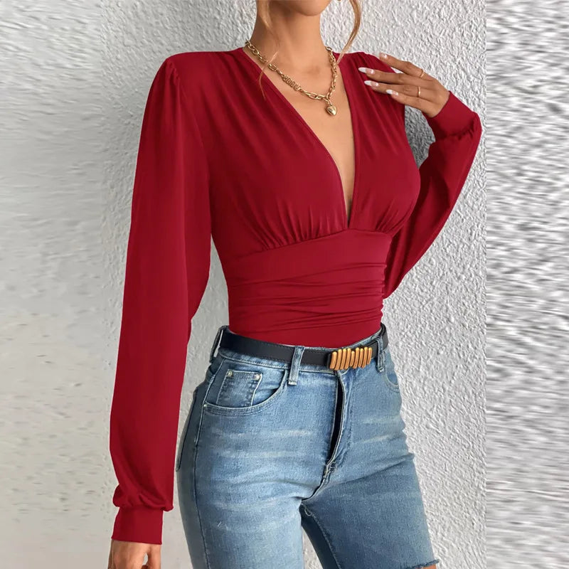 Meera | Modischer und Sexy V-Ausschnitt Slim Fit Langarmshirt für Damen