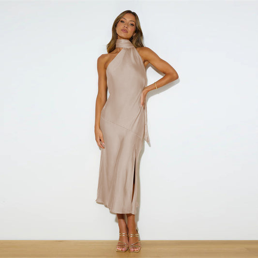 Stuttgart | Frauen Satin Drapierung Split Hollow Dünn Elegantes Kleid