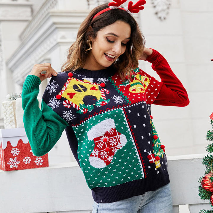 Sofie | Damen-Strickpullover mit Weihnachtsbaum- und Schneeflockenmotiv