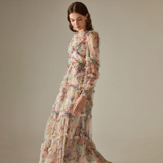 Viola - Durchsichtiges Maxikleid mit Blumenmuster für den Frühling