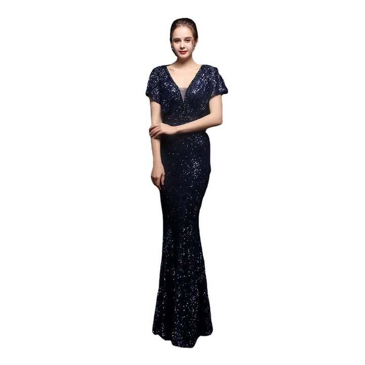 Jinara | Elegantes Pailletten V-Ausschnitt Kleid mit Schleppe