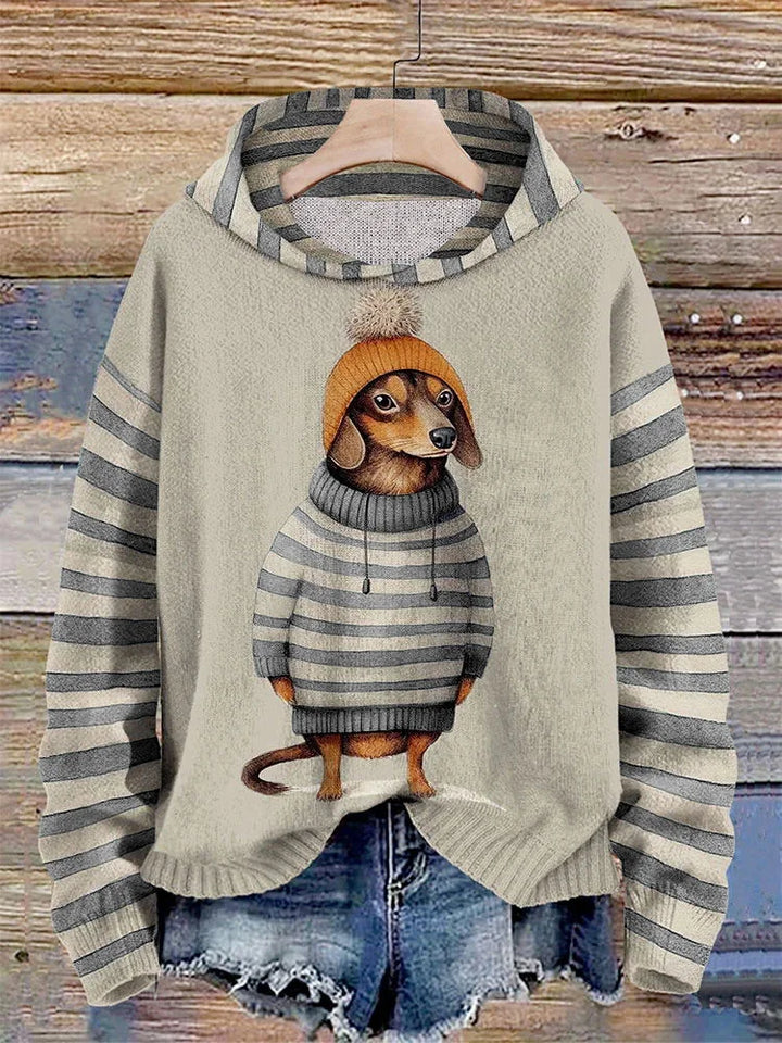 Stuttgart | Sleek Damen-Kapuzenpullover mit Dackel-Hund-in-Kleider-Print